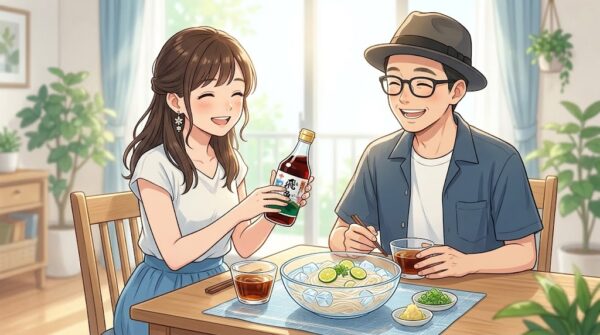 チョーコーの 飛魚（あご）つゆを使って素麺を食べる静と葵。