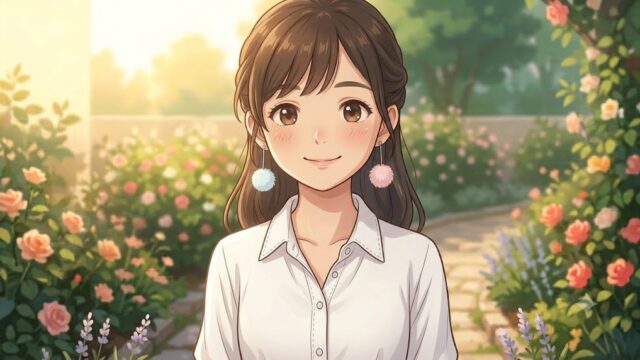 自分で作ったイヤリングを付けて、微笑む葵。