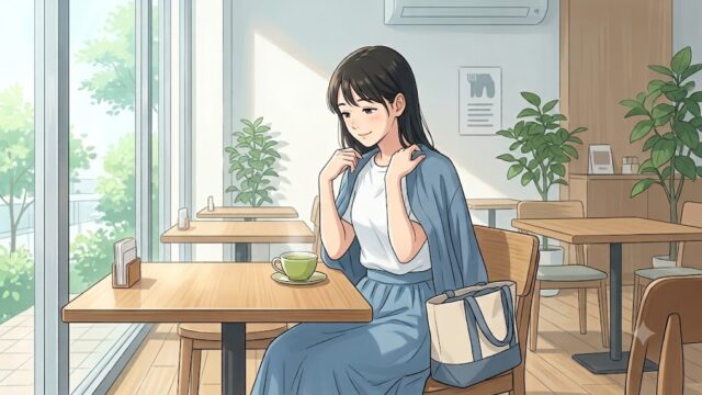寒いカフェで、無印良品の「ＵＶカット強撚コットンボレロ　ボタン付き」を羽織る葵
