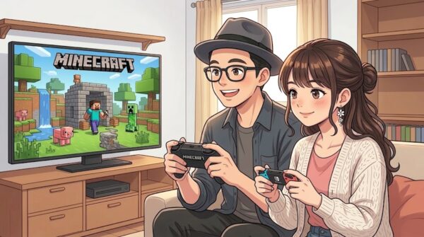 コントローラーを追加して、任天堂スイッチでマインクラフトをする静と葵。