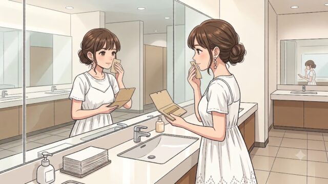 愛用中の無印良品のあぶらとり紙で、メイクをなおす葵。