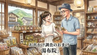 静の記事である「お出かけ調査シリーズ」のおまけ湯布院のアイキャッチ画像