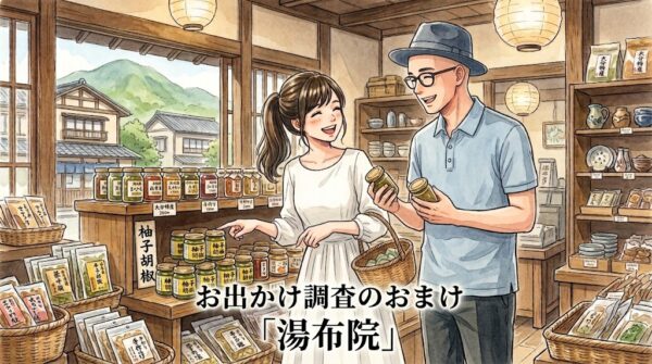 静の記事である「お出かけ調査シリーズ」のおまけ湯布院のアイキャッチ画像