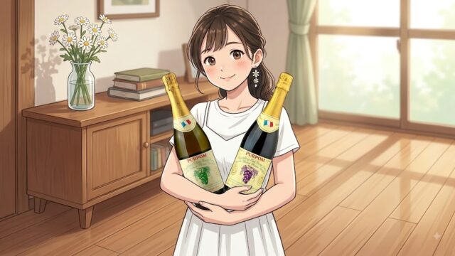 お気に入りのぶどうジュースを大事に抱える葵。