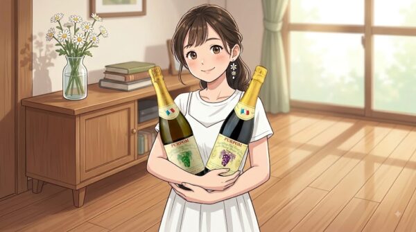 お気に入りのぶどうジュースを大事に抱える葵。