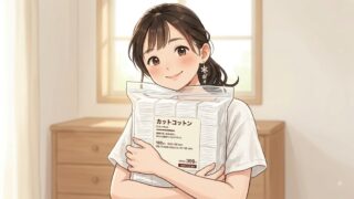 愛用中の無印良品のカットコットンを、大事に抱える葵。