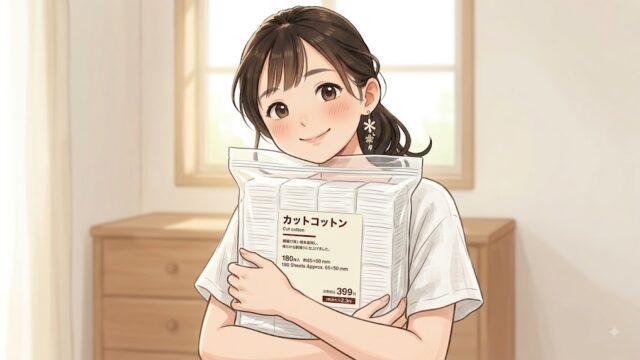 愛用中の無印良品のカットコットンを、大事に抱える葵。