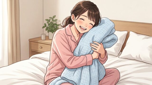 愛用中の６重のガーゼケットを抱きしめる葵。