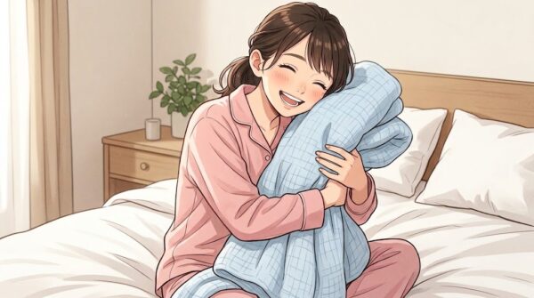愛用中の６重のガーゼケットを抱きしめる葵。