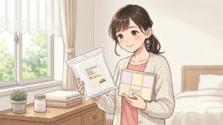 資生堂と無印の２つのコットンを見比べる葵。