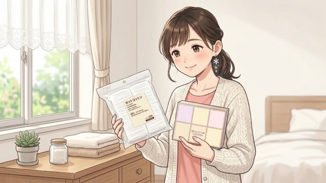 資生堂と無印の２つのコットンを見比べる葵。