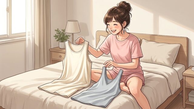 愛用中のシルクのタンクトップを見比べる葵。
