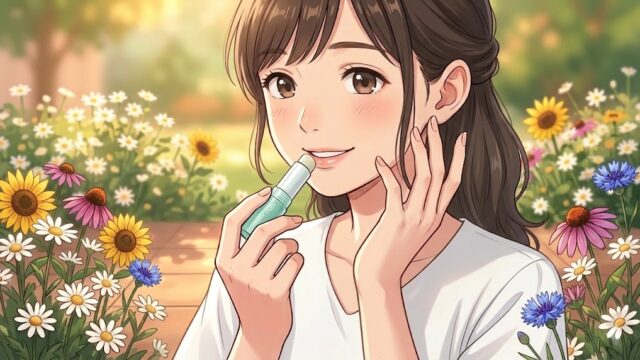 愛用中のノブのリップケアクリームを塗る葵。