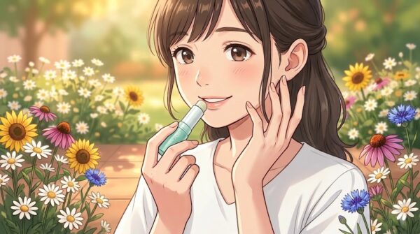愛用中のノブのリップケアクリームを塗る葵。