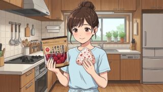 愛用中の梅干しと、その梅干を使って作ったおにぎりを持つ葵。