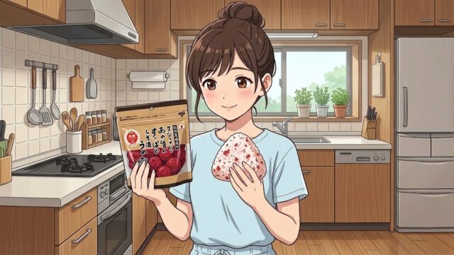 愛用中の梅干しと、その梅干を使って作ったおにぎりを持つ葵。