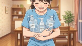 愛用中の無印良品の詰め替えボトルを大事に抱える葵。
