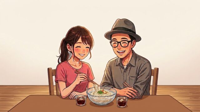 愛用中のやまごの竹箸を使って、素麺を食べる静と葵。