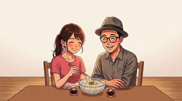 愛用中のやまごの竹箸を使って、素麺を食べる静と葵。