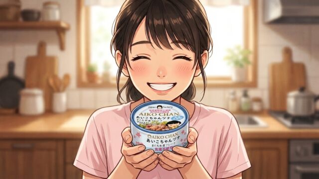 大好きなあいこちゃんのツナ まぐろ水煮 (食塩不使用)を大事に持つ葵。