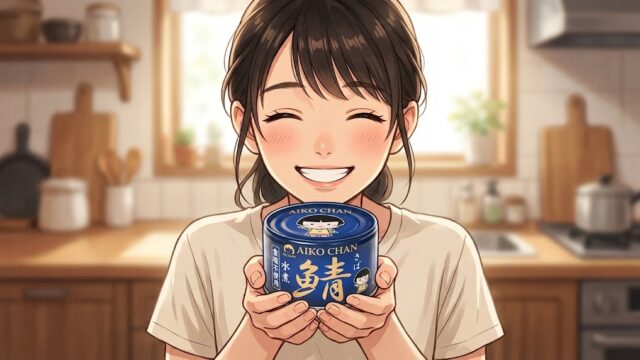 大好きなあいこちゃんの鯖の水煮(食塩不使用)を大事に持つ葵。