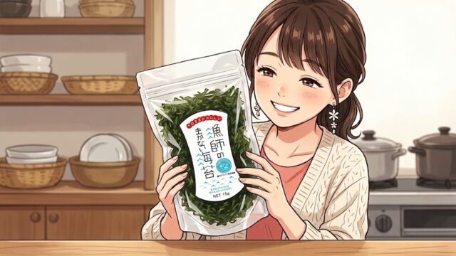 大好きな「漁師のまかない海苔」を持って、微笑む葵
