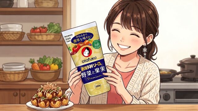 たこ焼きに「オタフク お好みソース 野菜と果実(200g) 」をかけて食べようとする葵。