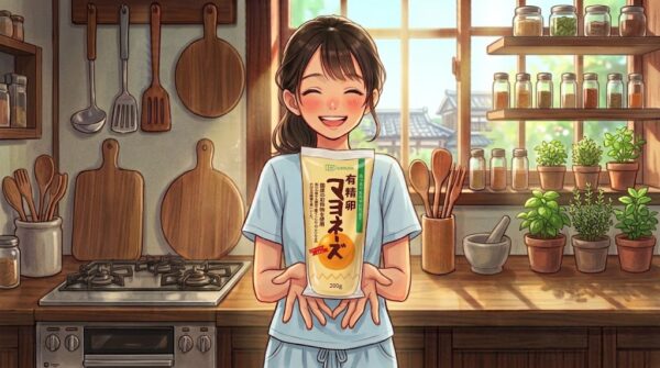 愛用中の「創健社 有精卵マヨネーズ」を大事に抱える葵。