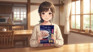大好きな「 国産雑穀 二十八穀米」を大事に抱える葵。