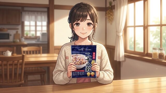 大好きな「 国産雑穀 二十八穀米」を大事に抱える葵。