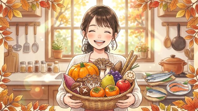 秋の旬の食材を抱える葵。