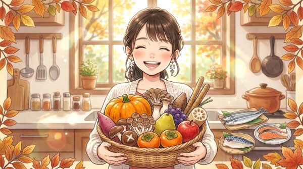 秋の旬の食材を抱える葵。