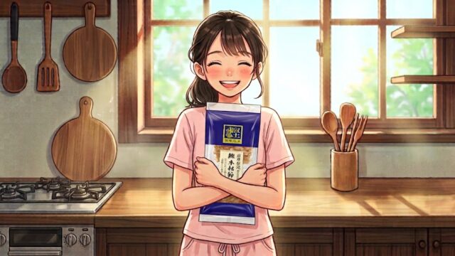 愛用中の「ヤマキ 極味伝承鰹本枯節パック 2g×10P 」を大事に抱える葵。