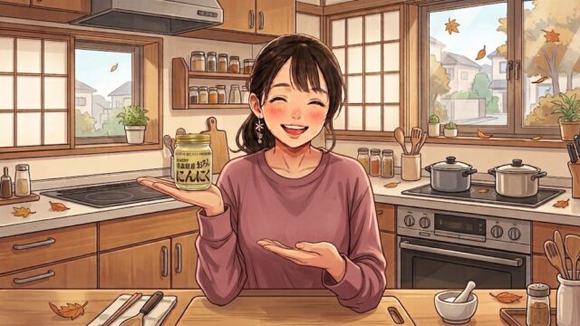 愛用中の「青森県産 おろしにんにく」を手に乗せる葵。