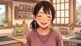 愛用中の「青森県産 おろしにんにく」を手に乗せる葵。