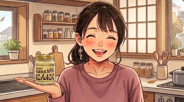 愛用中の「青森県産 おろしにんにく」を手に乗せる葵。
