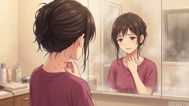 「サンカット 無重力感 ＵＶ」を首に塗った後に、肌荒れしてしまった葵。