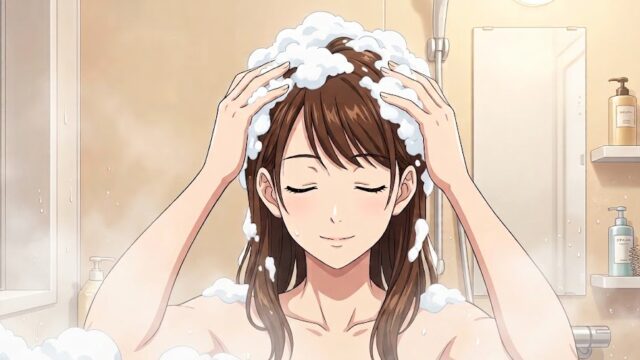 ヘアケアのために、丁寧にシャンプーしている葵。