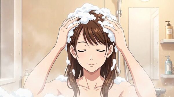 ヘアケアのために、丁寧にシャンプーしている葵。
