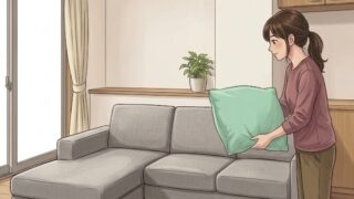 愛用中のバランスクッションだけど、敏感な時期はちょっと離してソファに置く葵。