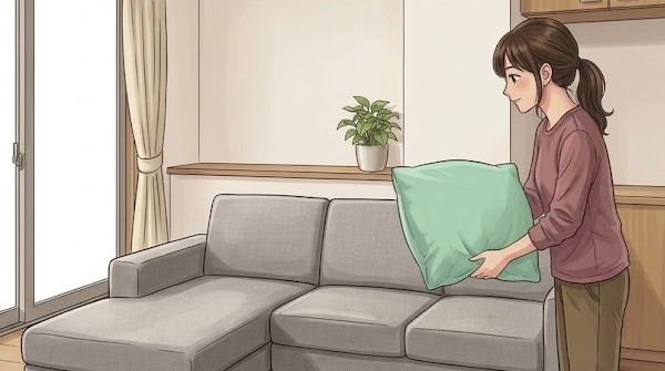 愛用中のバランスクッションだけど、敏感な時期はちょっと離してソファに置く葵。