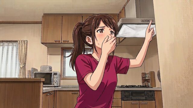 部屋の前の配管から、人がお風呂に入っている香りがするので、慌てて換気扇を回す葵。