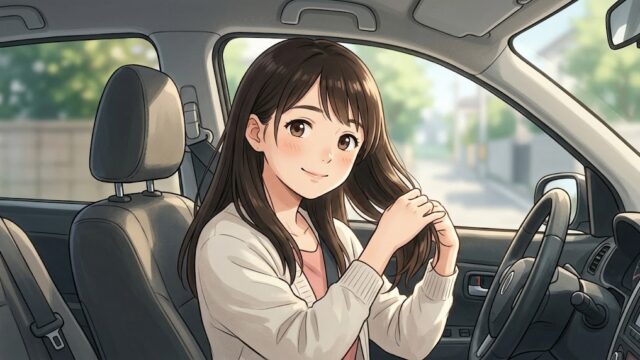 運転前に、おろしている髪の毛を、前に持ってくる。背もたれと背中の間に挟まない様にしている葵。